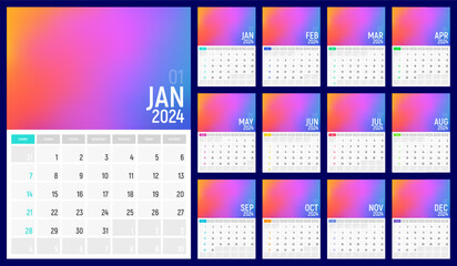 Modern calendar for 2024 year with abstract gradient. Vector illustration for monthly planning.