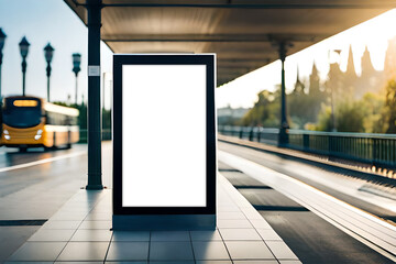Bus stop billboard for outdoor advertising, Blank white mock up of vertical light box in a bus stop, Blank advertising panel on a street,  Generative AI - obrazy, fototapety, plakaty