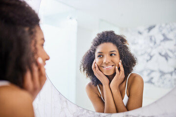 Woman, skin and mirror in the bathroom with glow in the morning for facial treatment at home....