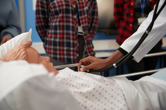 Medical students performing medical exam on dummy