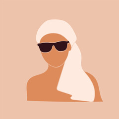Faceless woman in a white headscarf and in sunglasses. Flat vector illustration. EPS 10.	
