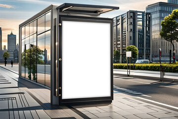 Bus stop billboard for outdoor advertising, Blank white mock up of vertical light box in a bus stop, Blank advertising panel on a street,  Generative AI