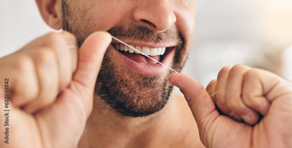 Poster Closeup, face and man flossing teeth at home for healthy dental wellness, plaque and gingivitis. Happy guy, oral thread or cleaning mouth for fresh breath, tooth hygiene and habit to care for smile