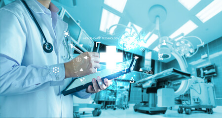 Medicine doctors diagnosis and  take note electronic medical record. DNA. Digital healthcare and network connection on hologram modern virtual interface, medical technology and futuristic concept.