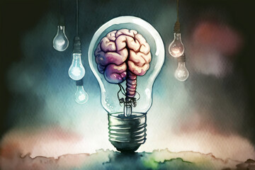 Watercolor style of colourful brain in light bulb. Creative idea concept. generative ai.