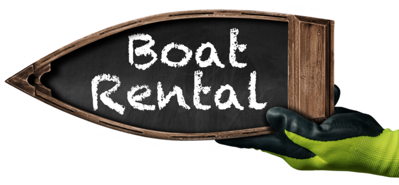 Hand with protective work gloves of a manual worker holding a small wooden boat with text Boat Rental, directional sign in the shape of row boat isolated on white or transparent background. Png.