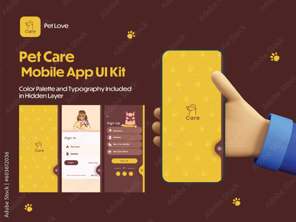 Poster pet care app ui kit including sign in, sign up screens for mobile application or responsive website.