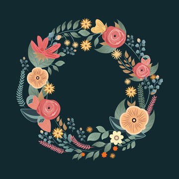Isolated Floral Wreath or Circular Frame Against Dark Background . Generative AI.