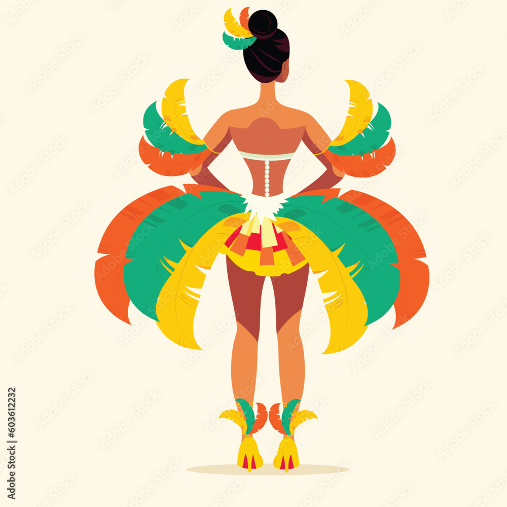 Sticker Rear View of Feather Headdress Wearing Brazilian Female Character In Standing Pose on Pale Yellow Background. Carnival Or Samba Dance Concept.