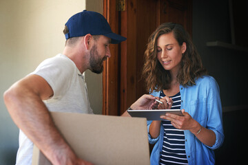 Woman, delivery man and box with tablet to sign for order, parcel or cargo package in transport service. Female person receiving shipment from male courier, supply chain or ecommerce purchase at home