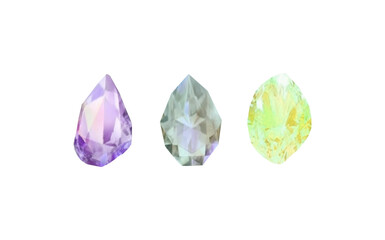 A collection of images of diamonds of various geometric shapes, colors and sizes.Glass shiny crystals with different shades reflecting light.Vector realistic set of glow gemstone or colorful ice.