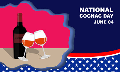 2 cognac glasses and 1 cognac bottle on table with abstract frame and american flag pattern frame background and bold text commemorating National Cognac Day on June 4
