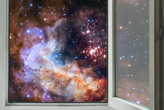 view from an open window on a starry sky with brightly glowing stars and fantastic nebulae