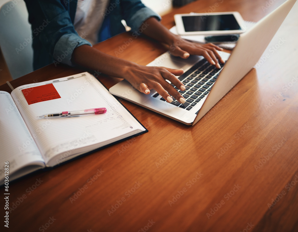 Poster Woman hands, typing and laptop with work from home and learning notes. Student, female person and computer working with paperwork, notebook and writing in a house doing web research with mockup