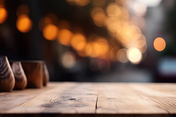 Naklejka na ściany i meble Wooden board empty table with blurred green leaf background