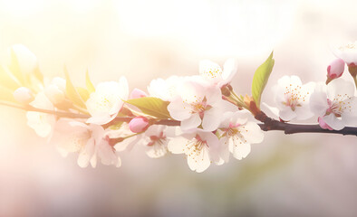 Blossoming branch of an apple tree with green leaves in soft light on a blurred background. Floral banner. Generative AI