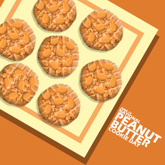 Some Peanut Butter Cookies served on a square plate with bold text on brown light background to celebrate National Peanut Butter Cookie Day on June 12