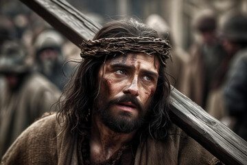  A intense moment frozen in time depicting the face of Jesus as he carries the cross on his way to Golgotha ​​Generative AI - obrazy, fototapety, plakaty