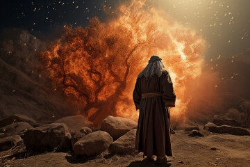 A dramatic shot of Moses standing before the burning bush, his face illuminated by the divine presence Generative AI