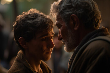 A poignant still capturing the tenderness and forgiveness as the Prodigal Son is welcomed back by his father, tears streaming down their faces, Biblie, bokeh Generative AI