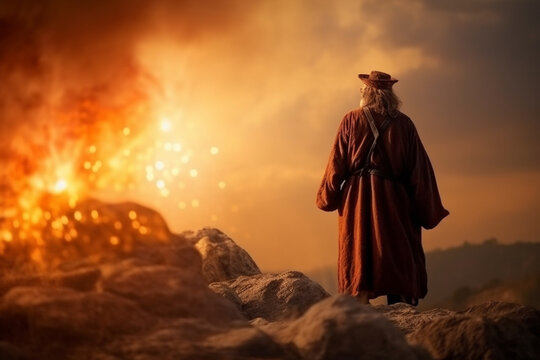 A dramatic shot of Elijah on Mount Carmel, calling down fire from heaven, with the prophets of Baal in disbelief, bokeh Generative AI
