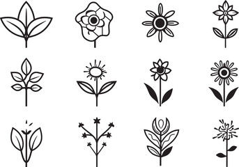 set of black and white flowers, flower icons set in isolated white backgrounds, outlined flower icons, lined flower icons