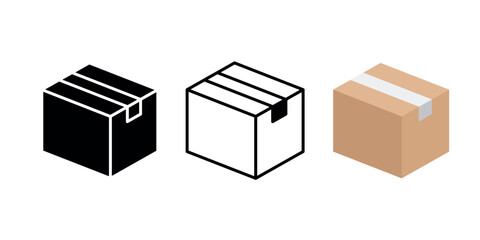 Box icon 3 types: color, black and white, outline. Designation of isolated vector characters.