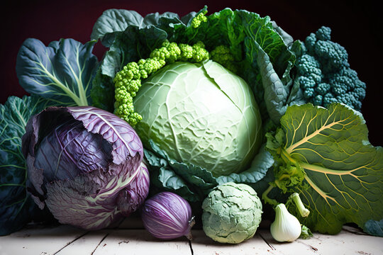 Various of cabbages broccoli, cauliflower on wooden table,  farm-fresh vegetables AI Generative,