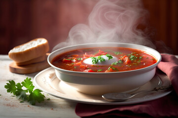 Traditional Ukrainian borscht soup, bowl of red beet root soup with white cream,  Unesco Ukraine food cuisine,  , AI Generative