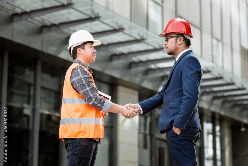Poster engineer construction shaking hand with project manager while working teamwork and cooperation conce