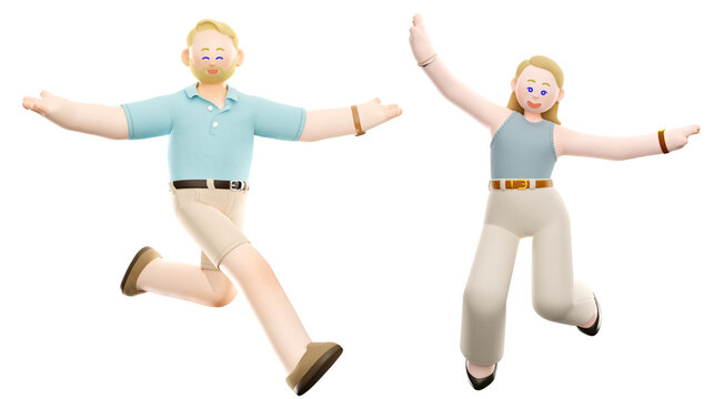 A 3D illustration set of young white man and woman expressing joyful feelings by jumping with open arms