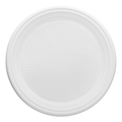 Disposable white plastic plate, isolated on white background