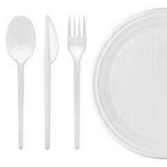Disposable white plastic plate, spoon, knife, fork, isolated on white background