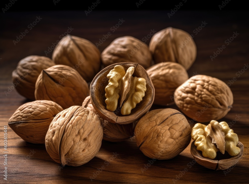 Aufkleber walnut kernels and whole walnuts on rustic old wooden table created with generative ai technology