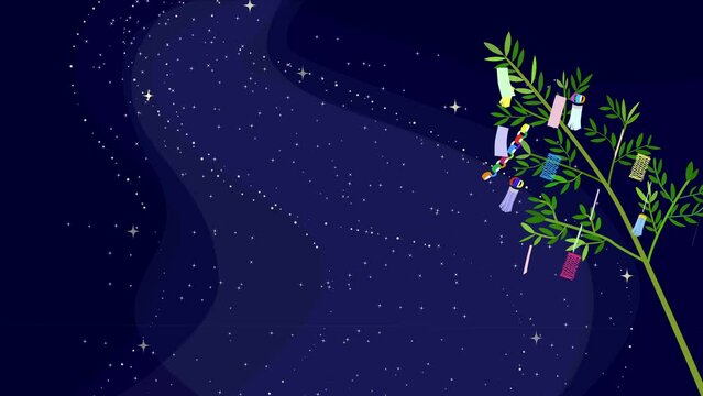 七夕の笹と短冊と天の川の背景のアニメーション動画