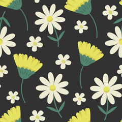 Flat vector floral seamless pattern with white and yellow flowers on dark background. Summer blossom daisy background for Fabric, Wallpaper, Posters, Banners.