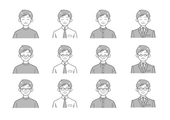 にっこり男性のバストアップイラスト　メガネありなしセット(グレー)