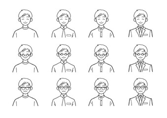 にっこり男性のバストアップイラスト　メガネありなしセット(線のみ)
