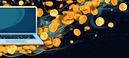 Swirl of gold coins flying out of a computer screen illustration. Passive income concept. Generated with the use of an AI.