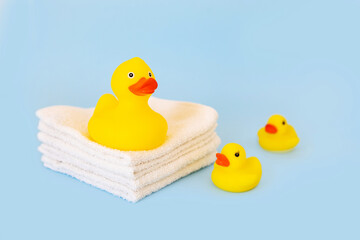 Stacked white towels and bath ducks on blue background