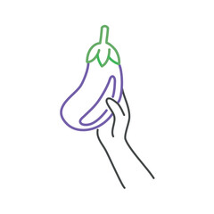 Hand holding aubergine, brinjal.