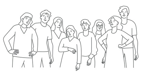 Portrait of people, men and women standing together.