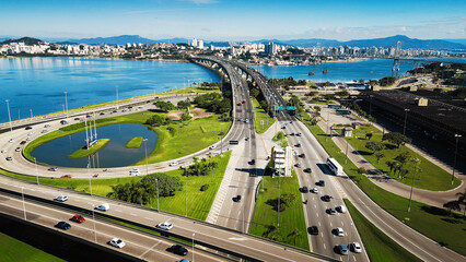 Aerial view of the city of Florianopolis during sunny day. Brazil, island of Santa Catarina