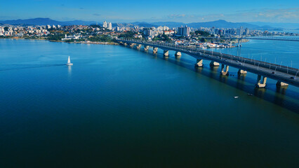 Fototapeta na wymiar Aerial view of the city of Florianopolis during sunny day. Brazil, island of Santa Catarina