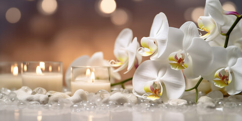 Fototapeta na wymiar Spa still life background. Candles and orchid flower on the water background. AI Generative