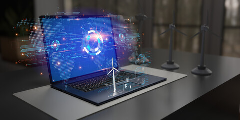 Fototapeta premium Hologram graphics on a computer screen by artificial intelligence processing. Energy management, Saving Energy and modern technology. AI that helps analyze complex data. 3d rendering.