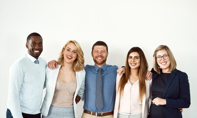 Business people, portrait hug and smile of lawyers by white wall background mockup in workplace. Face, confident group and standing together with collaboration, diversity and teamwork for cooperation