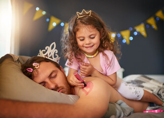 Dad, sleeping and girl drawing for fun, game and April Fools joke on body and paint with pink...