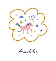 Illustration with a Pink Unicorn. Colorful Hand Drawn Vector Graphic With Fairytale World. Cute Unicorn, Stars, Clouds and Hearts in a Golden Frame of Cloud Shape. Magic Horse Print ideal for Card.