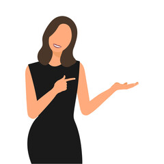 Young happy women pointing left side on a white background in formal black dress. Vector illustration, flat faceless style. 	